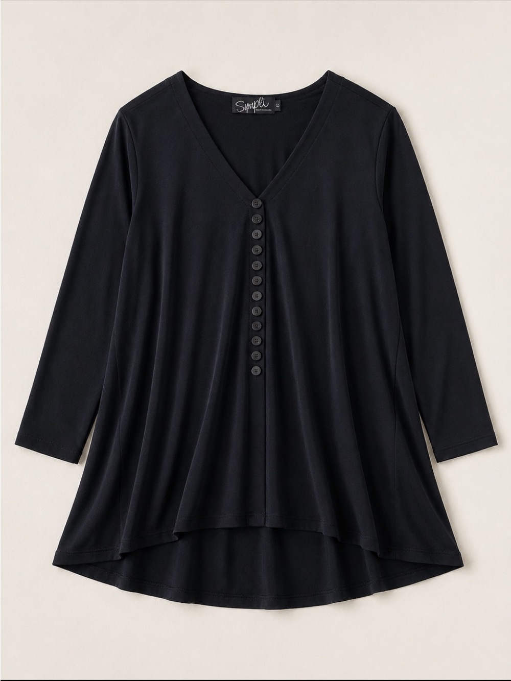 Sympli Black Button Front Tunic Top Size 8 Swing Stretch Long Sleeve Canada